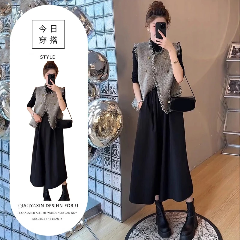 温柔风穿搭套装女小香风法式气质马甲+收腰气质显瘦连衣裙两件套