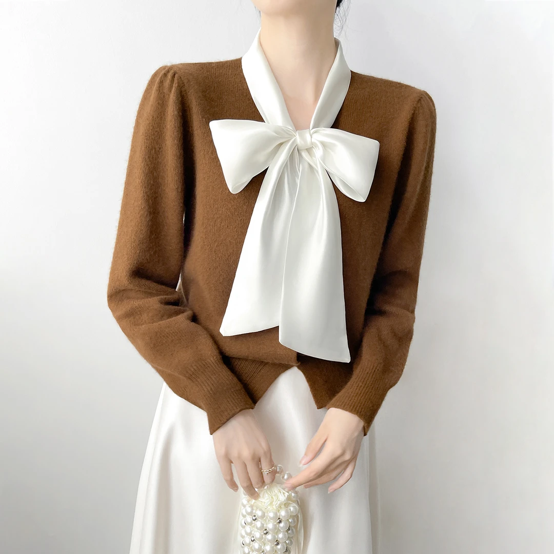 Q419精致温柔蝴蝶结短款毛衣女秋冬针织开衫高级感小个子显瘦上衣