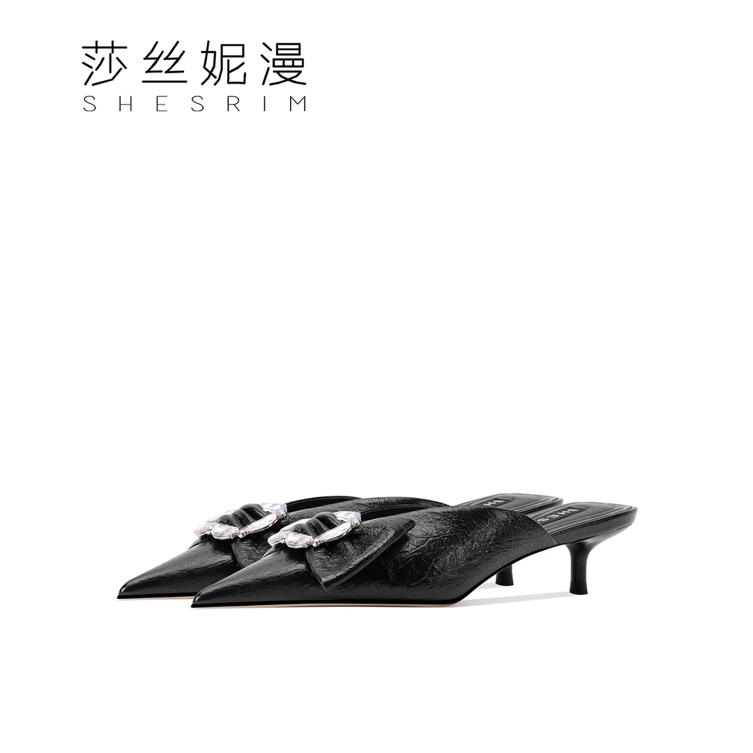 T15-尖头银色细跟高跟鞋女浅口蝴蝶结凉拖鞋气质夏季