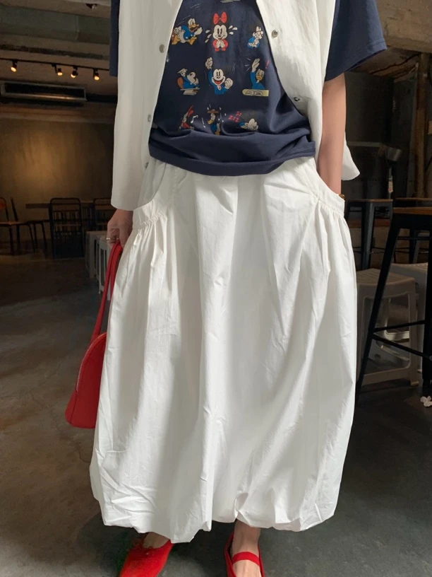 白色半身裙春夏宽松大口袋花苞裙女日系穿搭小众纯色休闲半裙#713