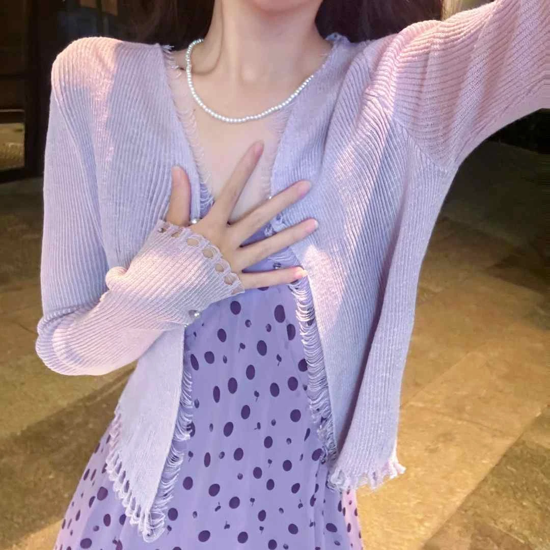 冰丝开衫女夏季薄款短款白色v领针织上衣披肩搭配裙子防晒衣5562
