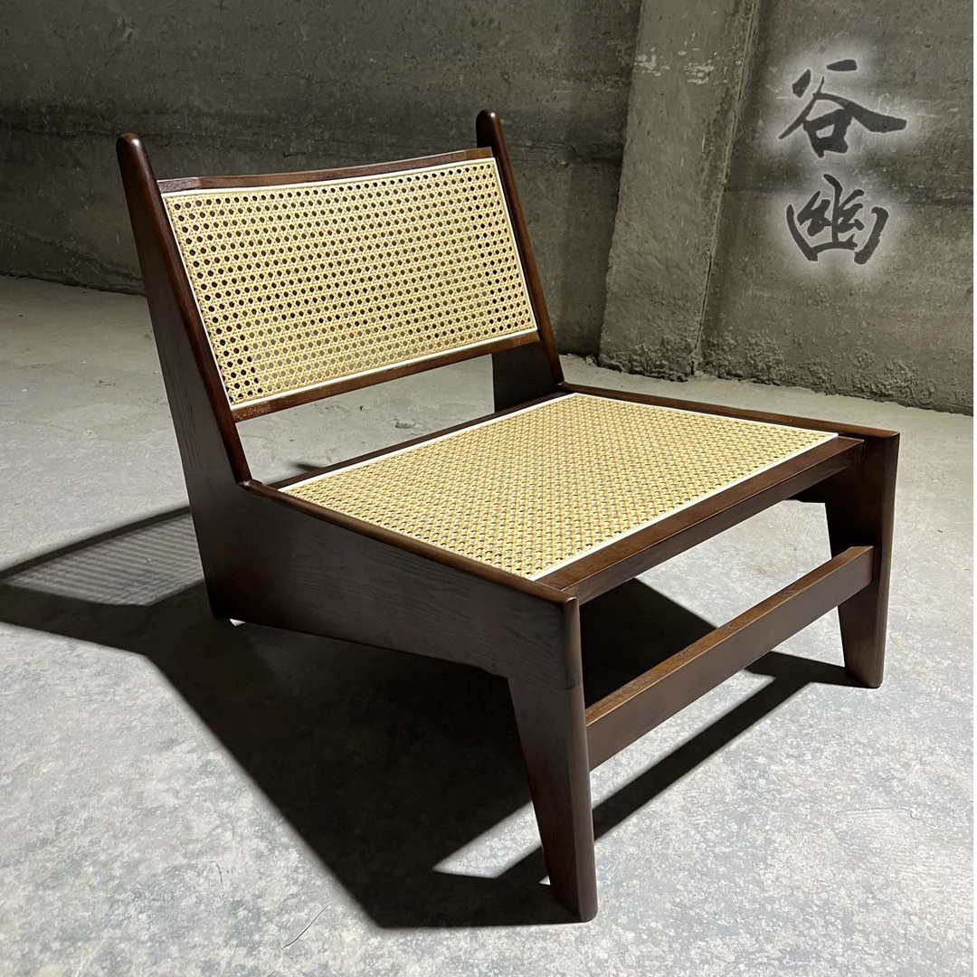 白蜡木实木侘寂风袋鼠沙发椅中古藤编民宿靠背椅家用阳台懒人躺椅