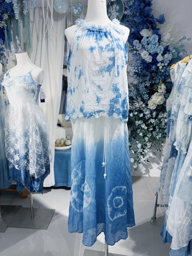 手工植物扎染夏季新款两件套套装女款裙装