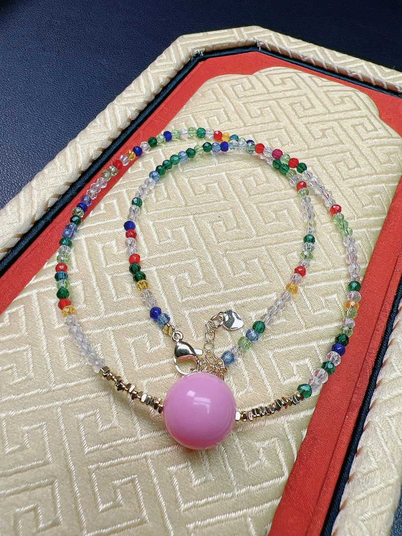 粉色精美14mm圆珠DIY项链Q1089