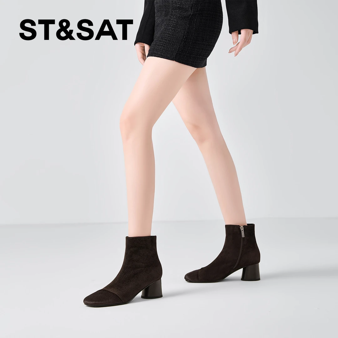 St&Sat/星期六百搭时粗跟装靴黑色英伦短靴休星期六棕色马丁靴