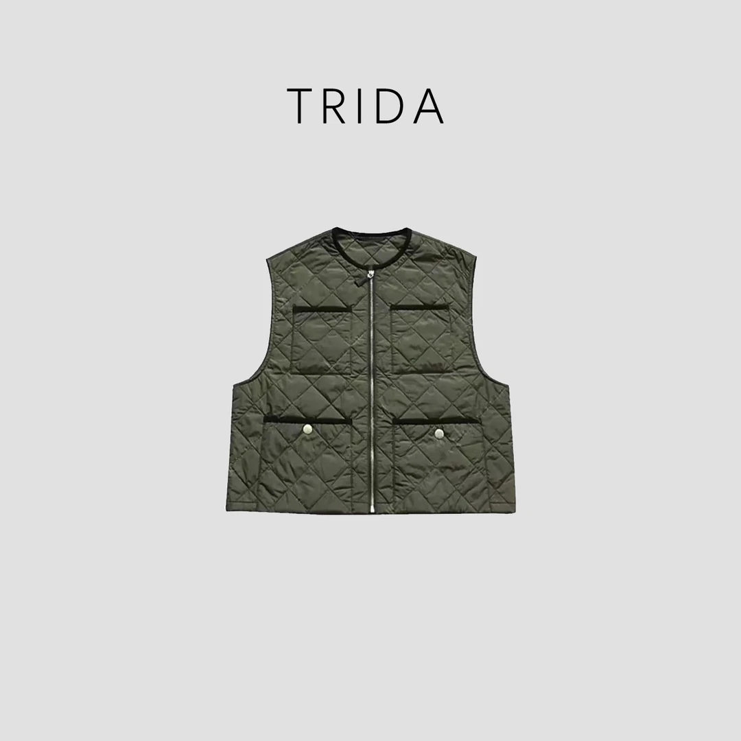 【九妹高版】绿色口袋圆领拉链无袖马甲棉服5023NY