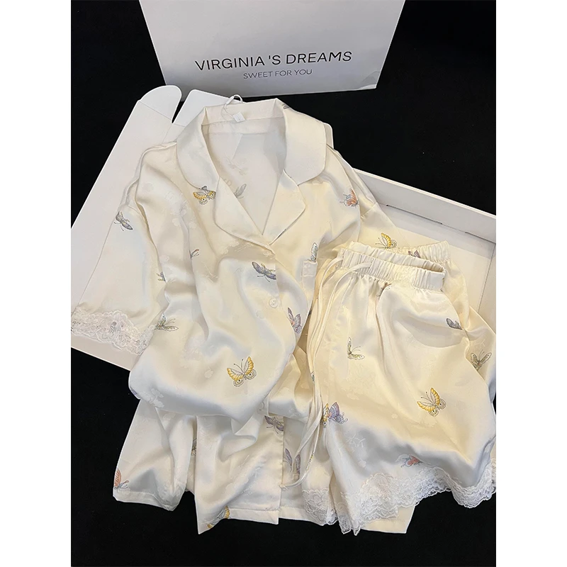 【蝴蝶印花蕾丝边】法式轻奢休闲冰丝睡衣女爆款短袖短裤家居服套装