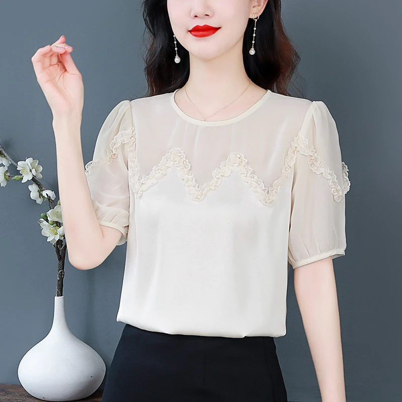 2025新款韩国气质显瘦纯色圆领褶皱木耳边拼接短袖雪纺衫女夏季