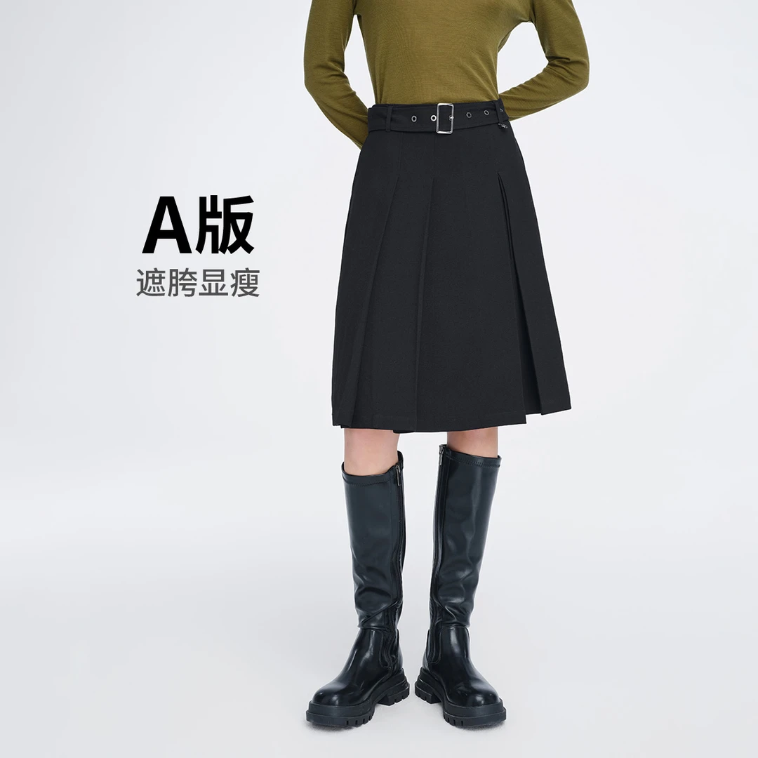 navigare意大利小帆船设计感压褶半身裙女方扣腰带高腰A字裙