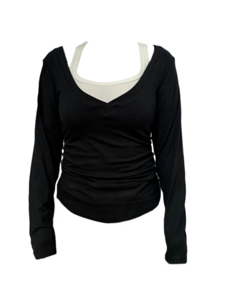 【Amy家】260克纯欲慵懒风叠穿罩衫T恤女女收腰显瘦绑带假两件上衣