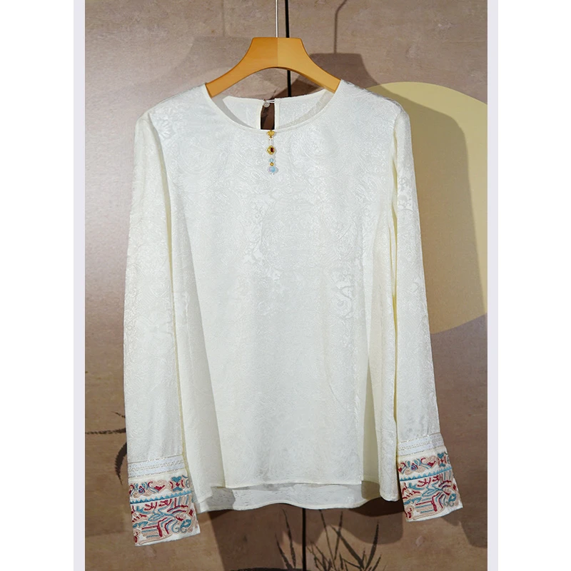 【秀禾】满分桑蚕丝2025新中式国风圆领刺绣提花女款长袖衬衫 F5170