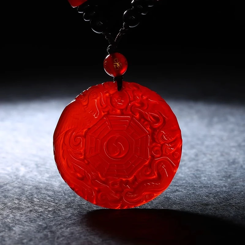 天然红玛瑙龙凤太极八卦牌吊坠男士女项链随身挂件饰品礼品生日