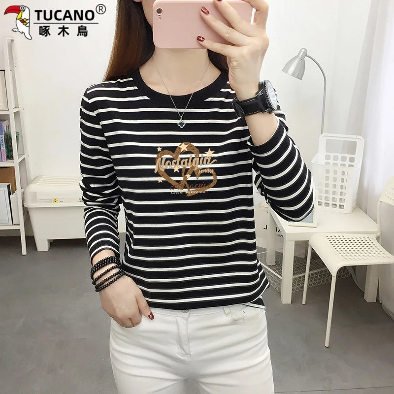 啄木鸟新款纯棉长袖条纹圆领T恤女春秋大码宽松洋气打底漂亮小衫