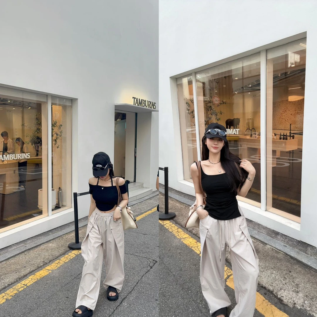 LIN-【韩系松弛感】泡菜定制挂脖黑T➕卡其工装裤