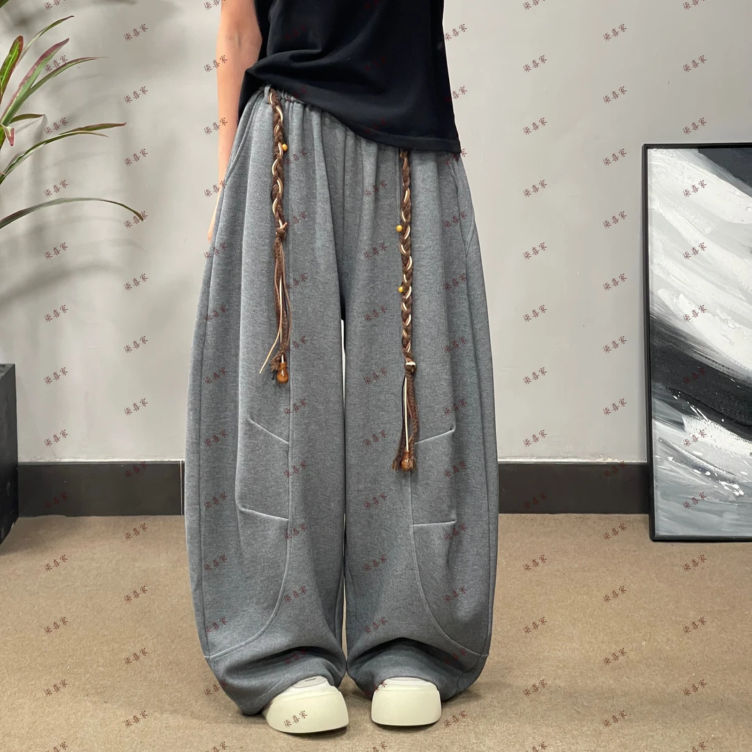 80577秋季卫裤休闲百搭复古时尚宽松纯色垂感潮流小众做旧潮流款.