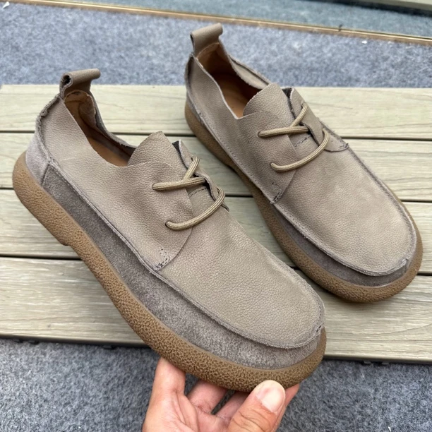 2025夏季新款真皮男鞋头层牛皮透气软底休闲男皮鞋系带大头鞋宽脚