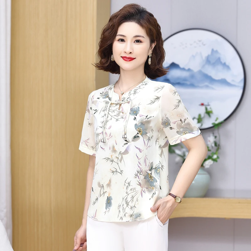 2025新中式国风妈妈夏装雪纺小衫中老年女装春夏薄款女士上衣衬衣