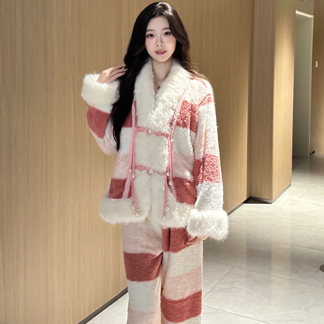 【粉妆玉砌】秋冬新款保暖冬季女睡衣优雅韩系轻奢加厚家居服套装
