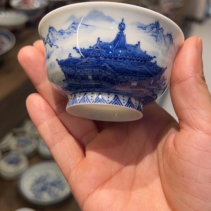 怡琅柴窑手工手绘山水楼阁