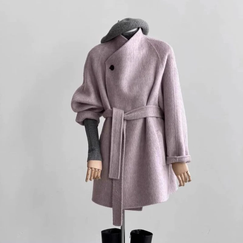 大码气质胖呢子大衣冬装搭配韩系粉一整套外套紫色毛呢套装秋冬