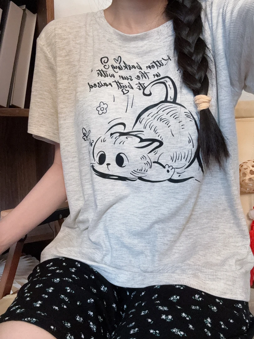 【呆萌猫咪】~新款带胸垫短袖可外穿时尚家居服套装~913