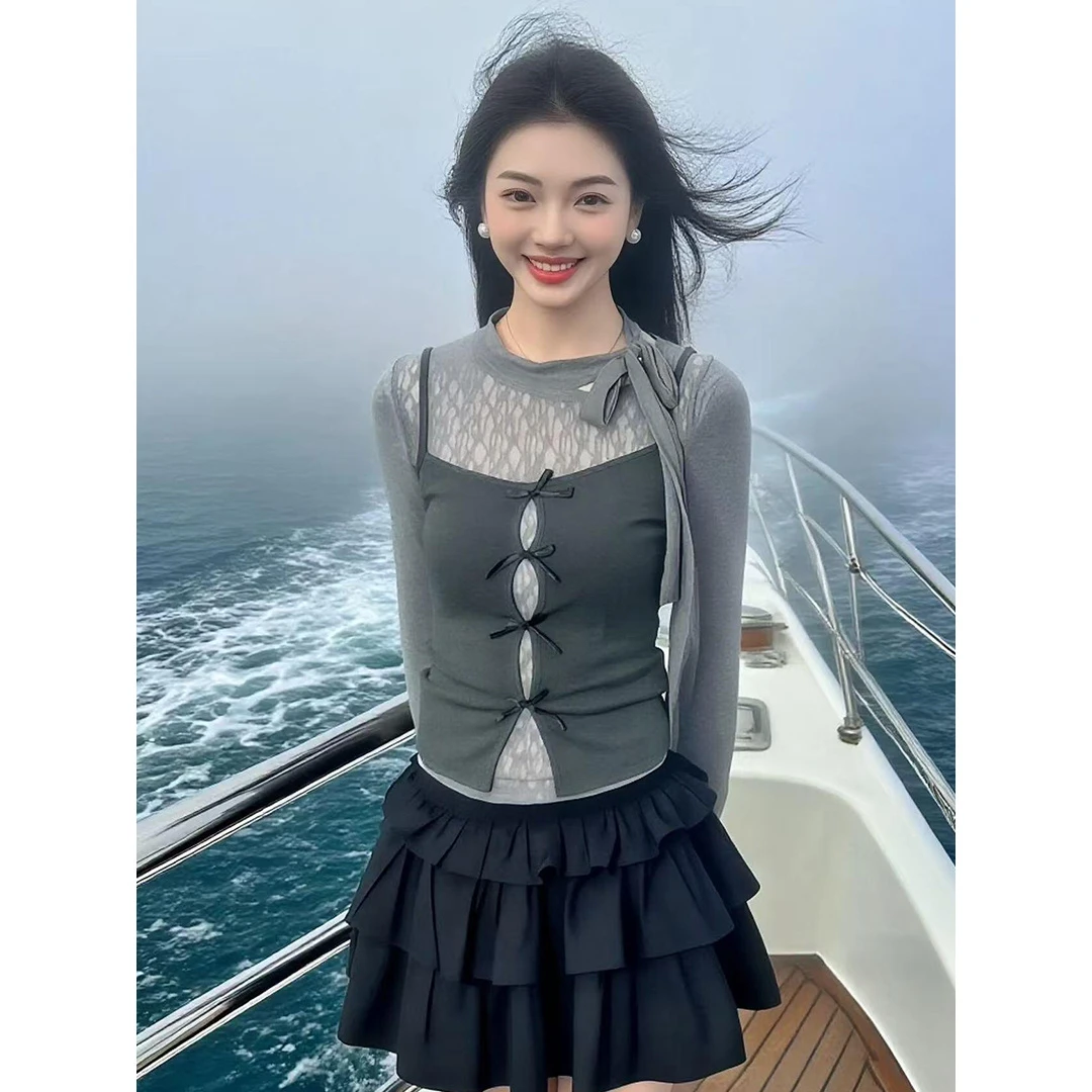 韩系复古气质长袖t恤女秋季穿搭修身设计性感辣妹休闲叠穿两件套