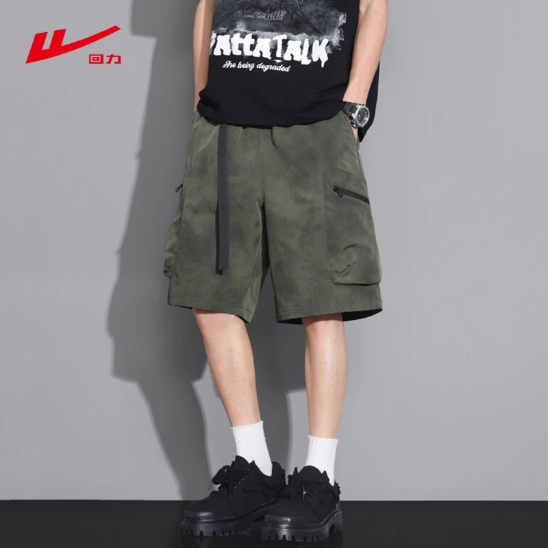 回力军绿色工装短裤男夏季宽松休闲裤子男青少年美式直筒运动中裤