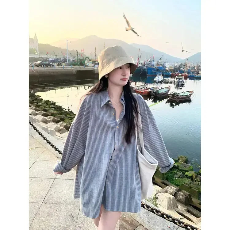 灰色条纹衬衫女慵懒风2025秋季韩系宽松休闲衬衣百搭长袖上衣