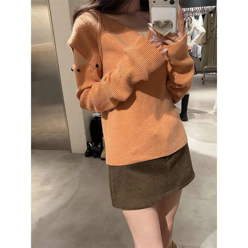 法式橙色多巴胺v领长袖针织衫女独特漂亮内搭打底上衣显瘦半身裙