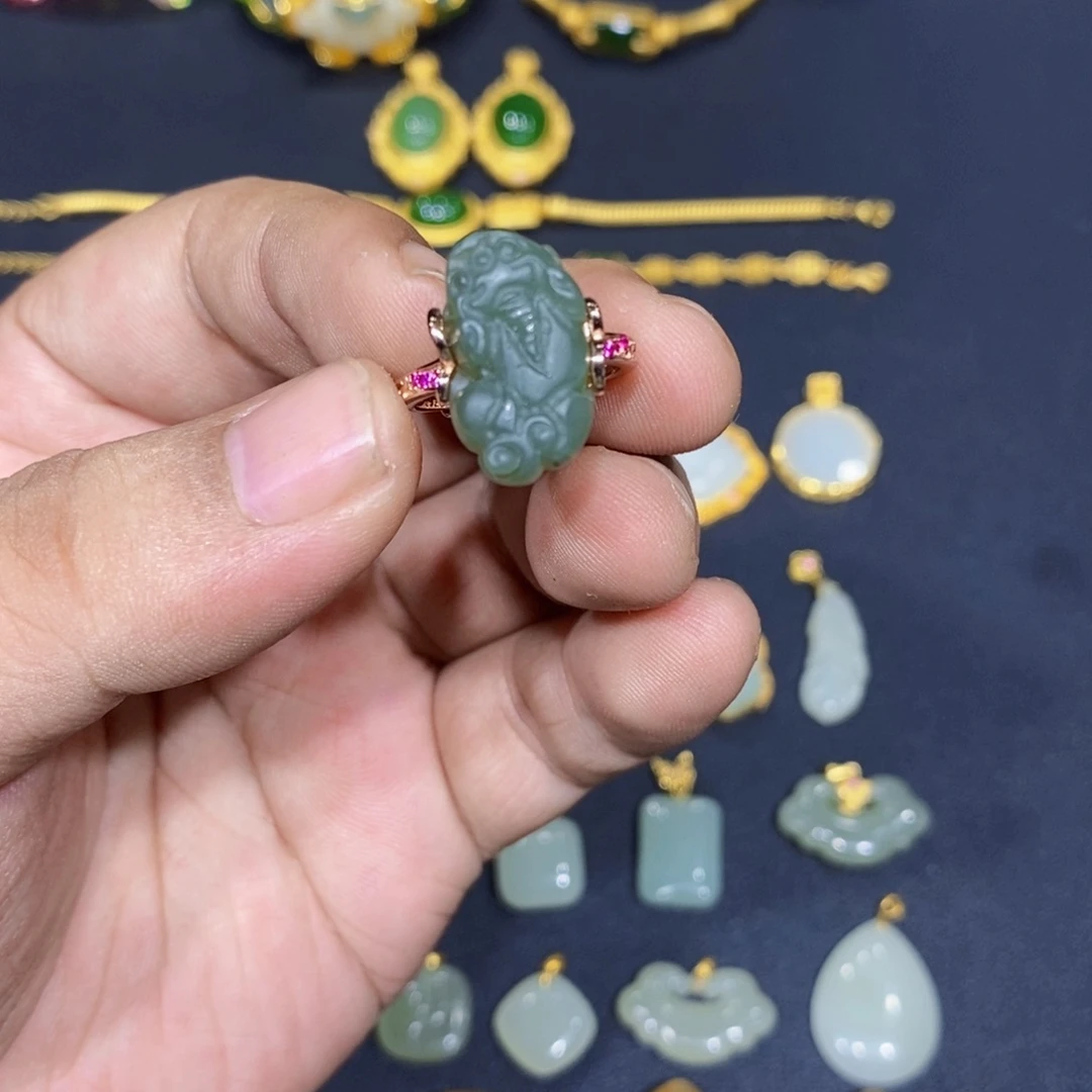 ༺***࿐银S925镀金镶嵌戒指和田玉