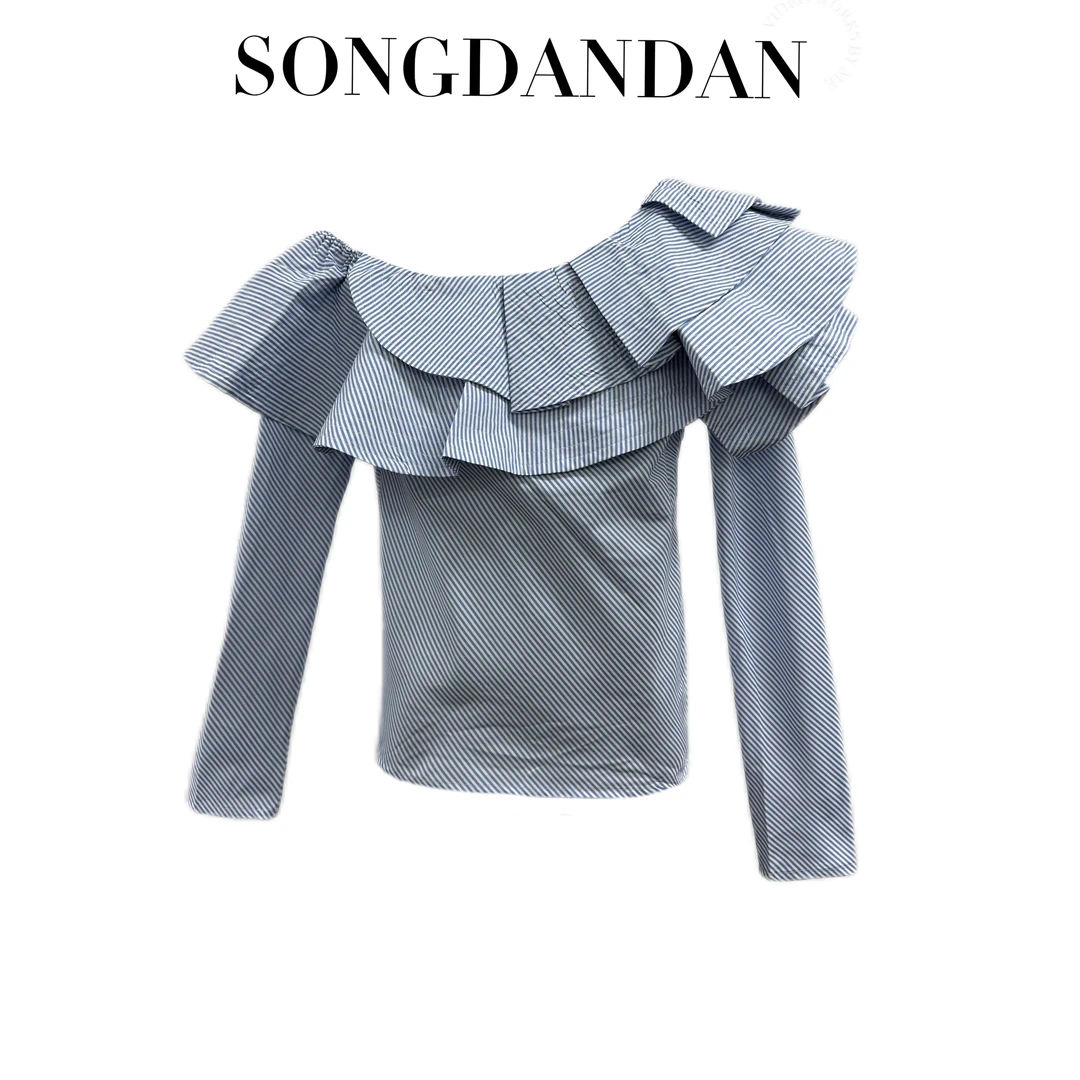 【DDS】新款百搭时尚荷叶领一字肩斜肩衬衫上衣