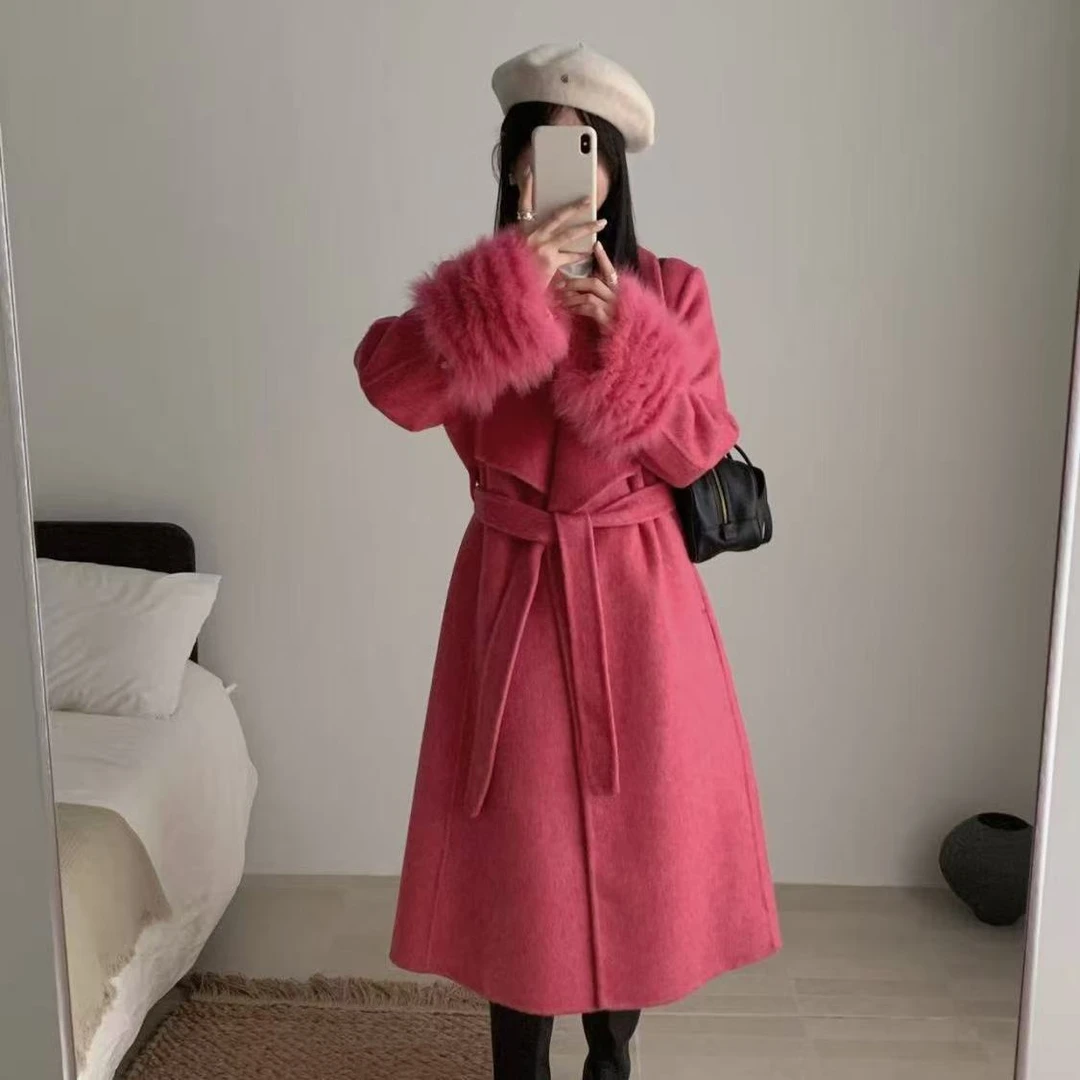 2025秋冬新款翻领双面气质羊毛大衣修身长款高级狐狸袖毛外套