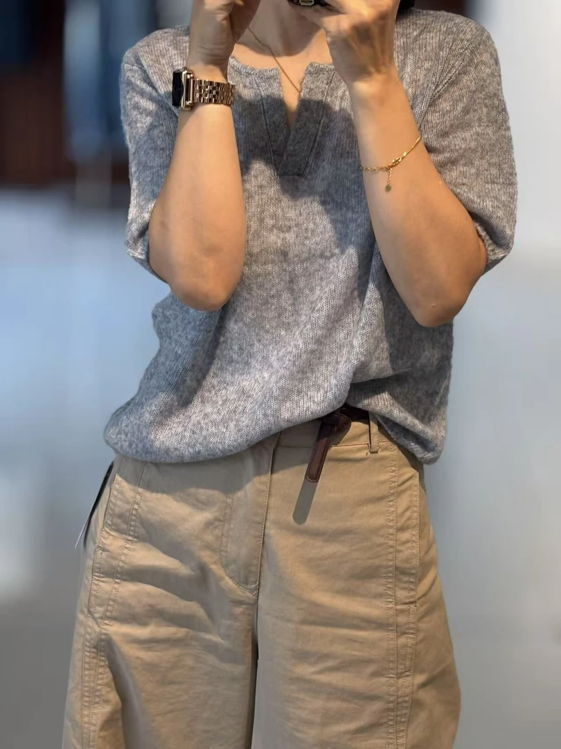 【2502-808】纯色毛针织衫V领通勤风毛衣针织衫女装短袖