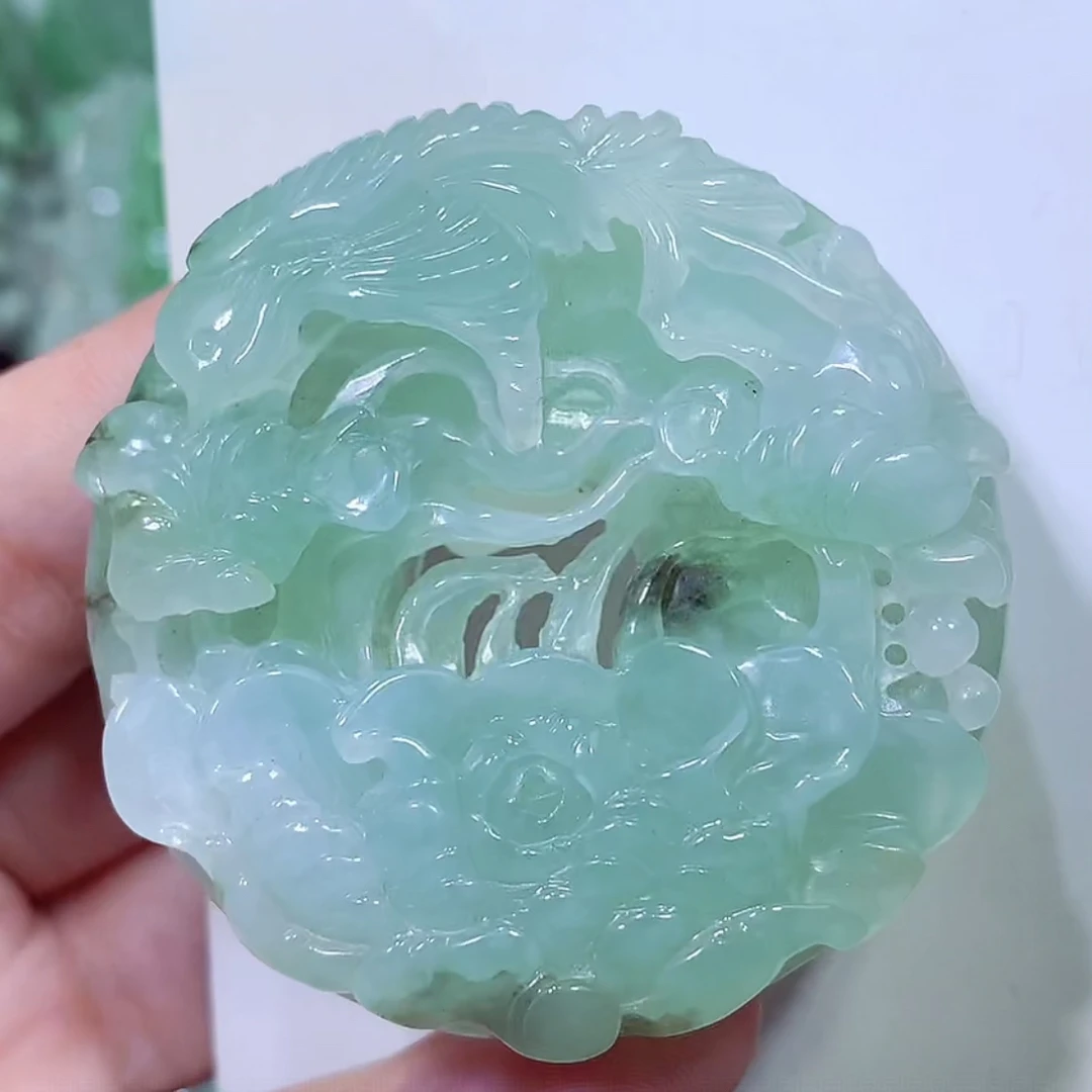缅甸天然A货翡翠晴水绿飘花凤穿牡丹吊坠