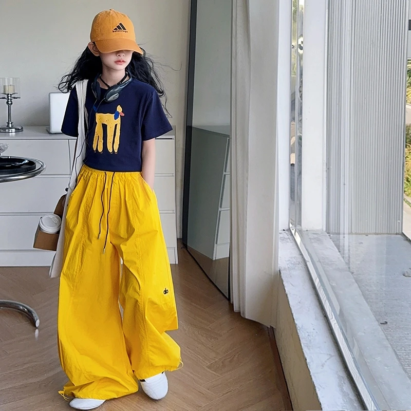 女童卡通印花短袖上衣工装裤子两件套装2025夏季中大童潮