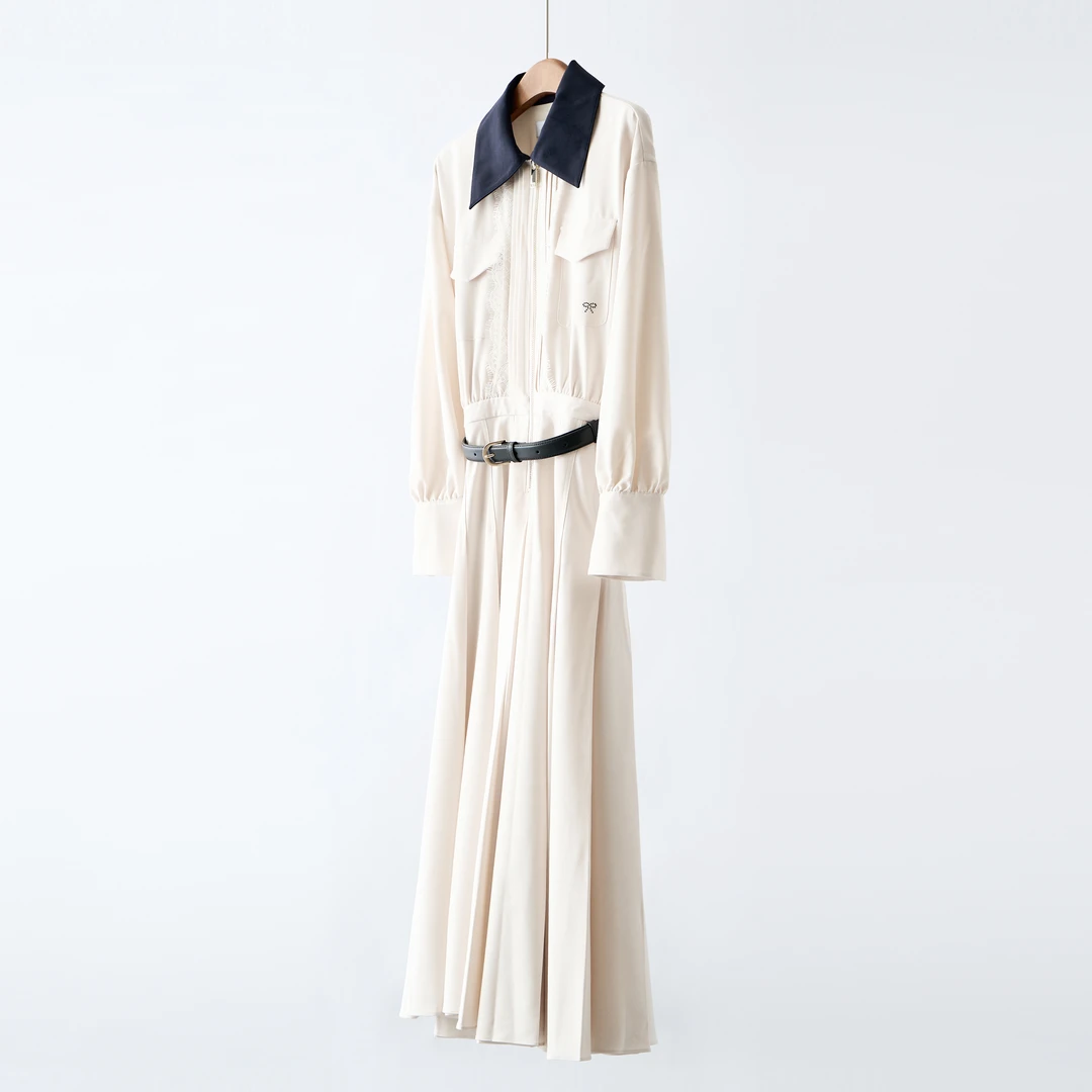 【YS11572】G上4k+2025早秋新款浅米杏气质撞色翻领衬衫连衣裙女