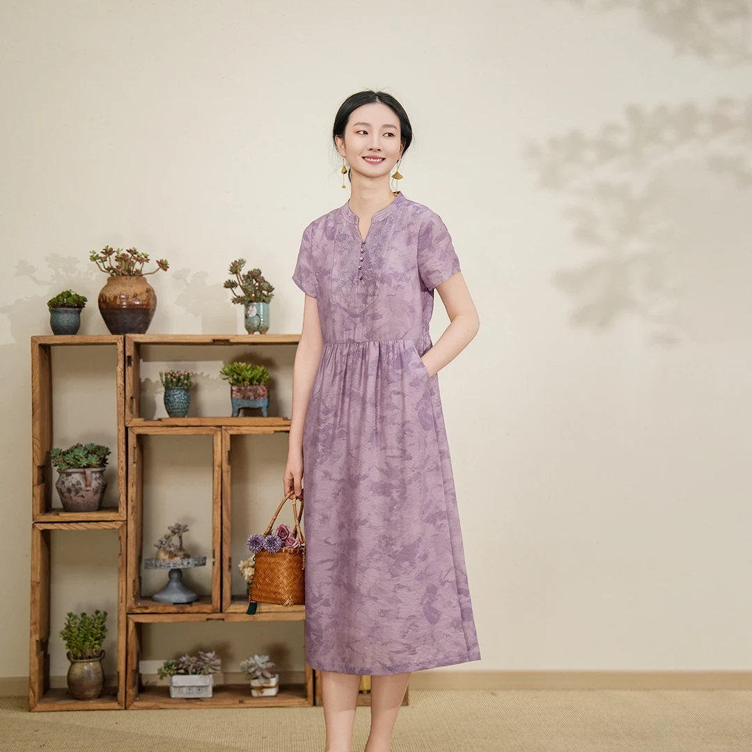 布符2025年夏季紫色线迹绣连衣裙女装修身显瘦气质MXDLY59