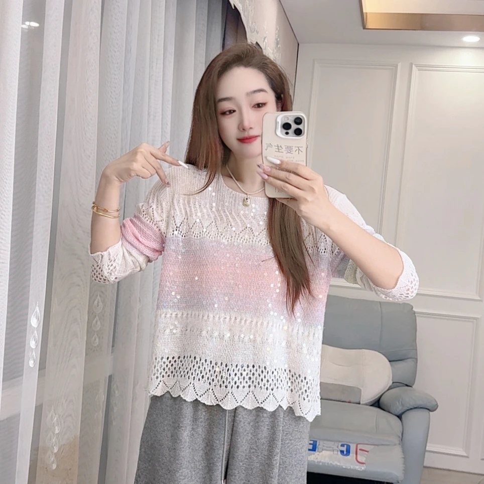 2529现货春夏针织衫长袖亮片镂空宽松女装彩色条纹韩版减龄套头