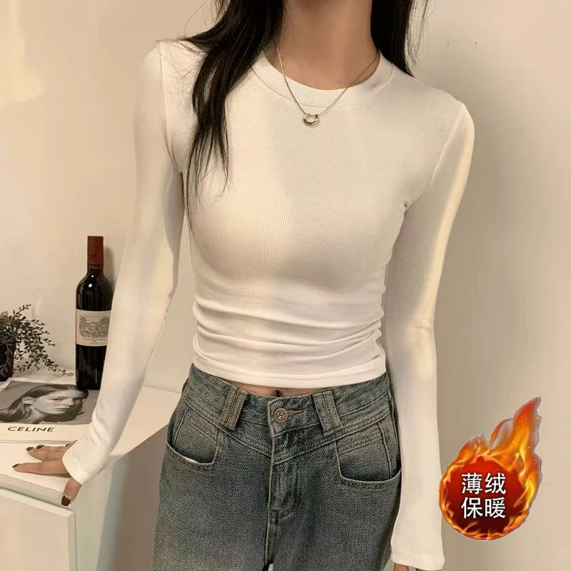 秋冬修身内搭长袖t恤女圆领打底衫洋气辣妹百搭白色保暖上衣ins潮