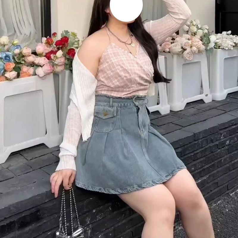 特大码女装辣妹美式a字牛仔半身裙夏季2025新款ins显瘦遮肚短裙子