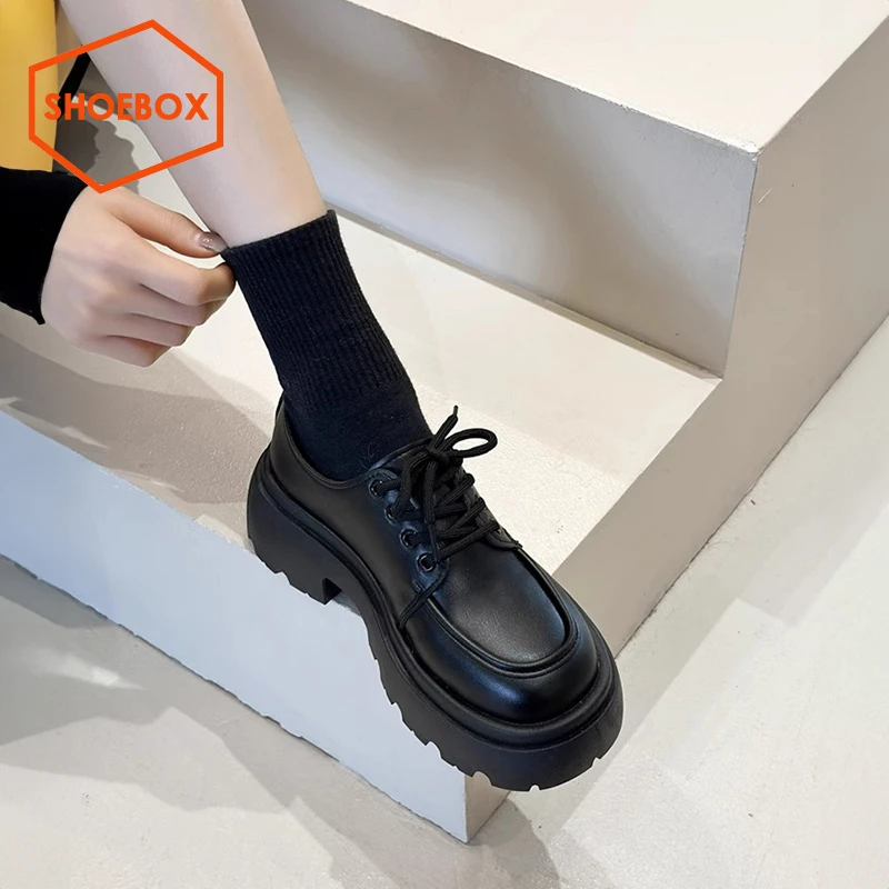 SHOEBOX鞋柜英伦风厚底乐福鞋女2025新款春季复古百搭小皮鞋女