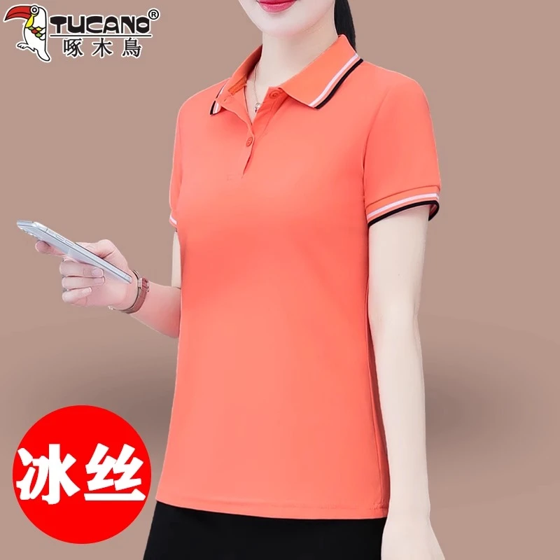 啄木鸟冰丝短袖t恤女2025年夏季新款休闲时尚百搭女士POLO衫上衣T