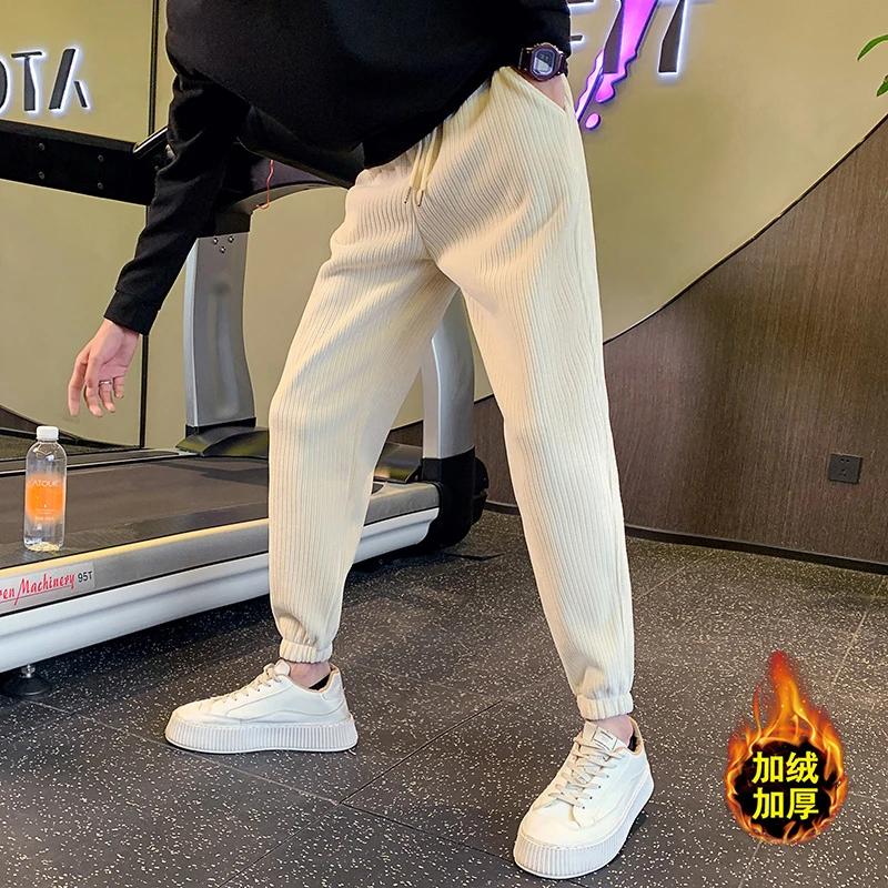 高端灯芯绒男士裤子男款秋冬款男装九分卫裤加绒束脚运动休闲裤男