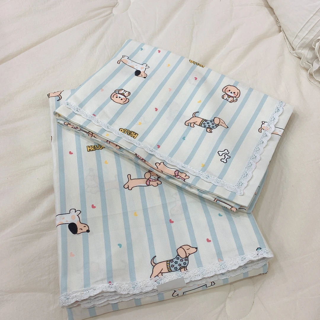 【腊肠狗】加厚精纺原棉老粗布软凉席花边三件套四季吸汗透气