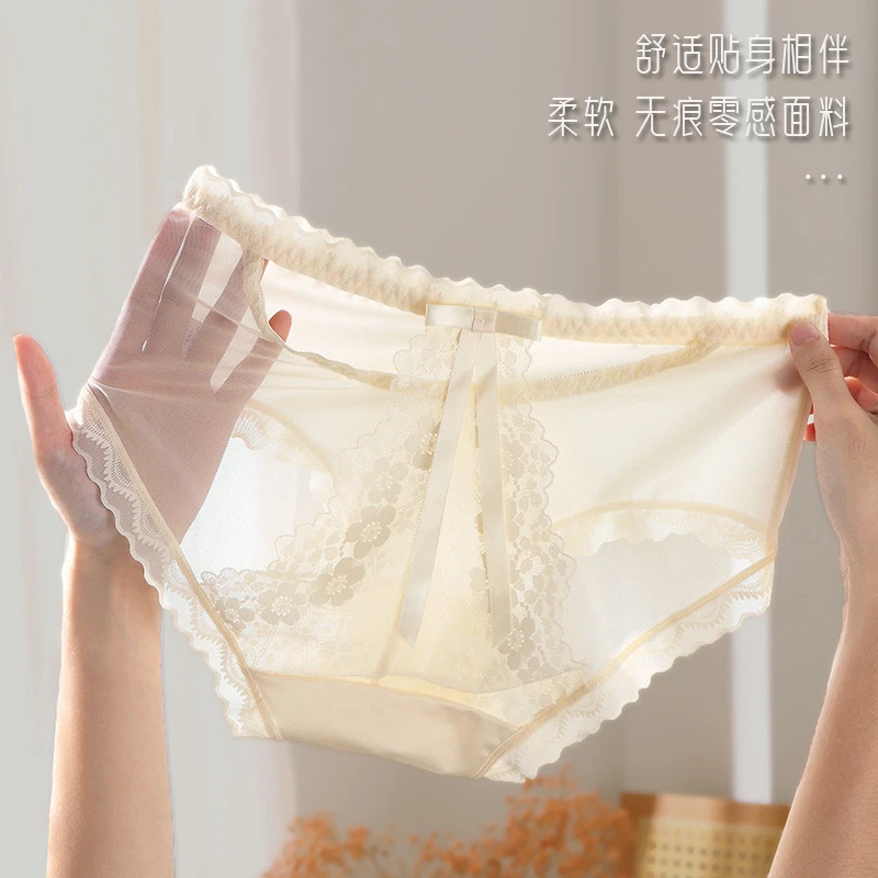 ins时尚锦纶内裤女生舒适底裆三角裤法式蕾丝花边网纱内裤