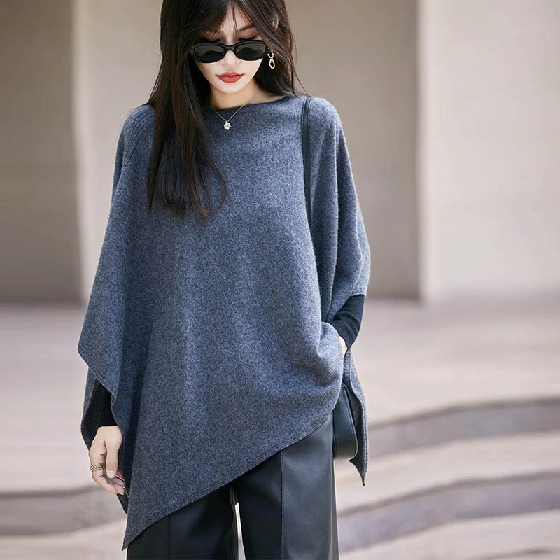 Y2537已开价 100%羊毛一字领披肩宽松带袖套头羊毛衫外搭针织披肩