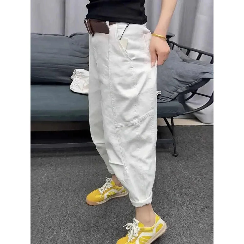 宽松哈伦牛仔裤女2025春夏新款大码九分阔腿梨型身材显瘦老爹裤子