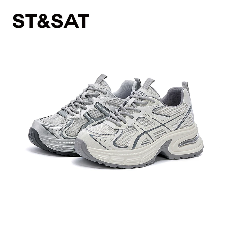 星期六潮流春季高跟舒适百搭系带透气拼色圆头厚底时尚运动休闲鞋