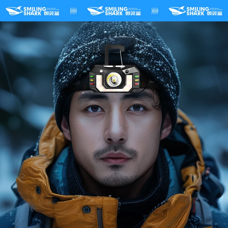微笑鲨强光户外头灯可充电头戴式户外照明感应登山长续航