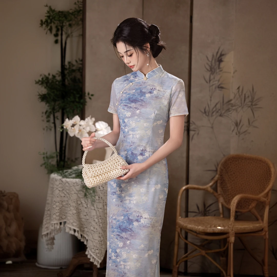 莫奈花园|弹力网纱双层旗袍2025夏新中式油画风短袖连衣裙 S-3XL